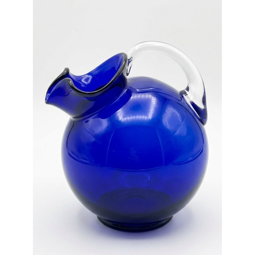VINTAGE COBALT BLUE MODERNIST GLASS‎ PITCHER ICE TEA LEMONAIDE    10"x8"